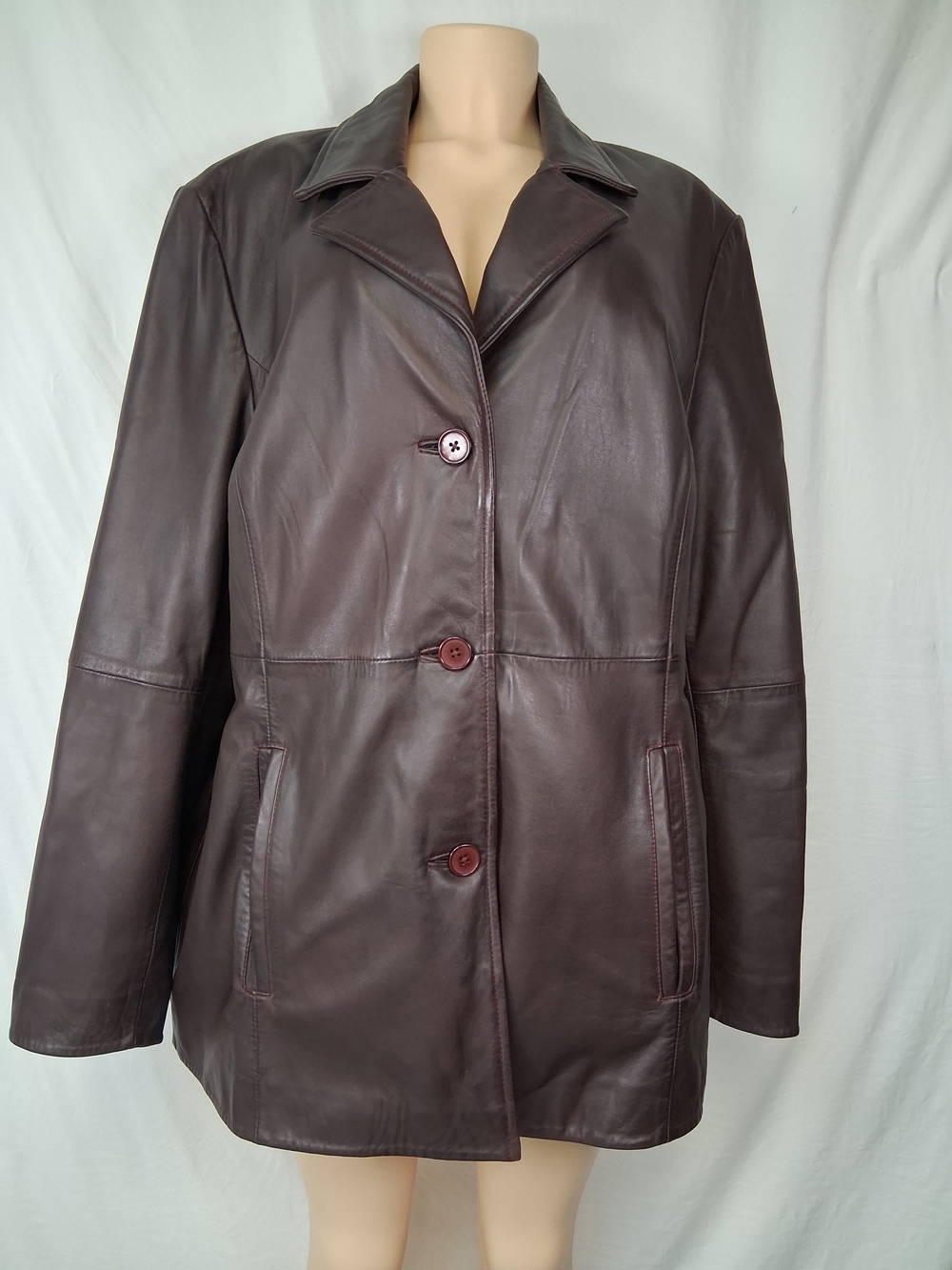 Women's Dark Brown Leather Button-Front Jacket